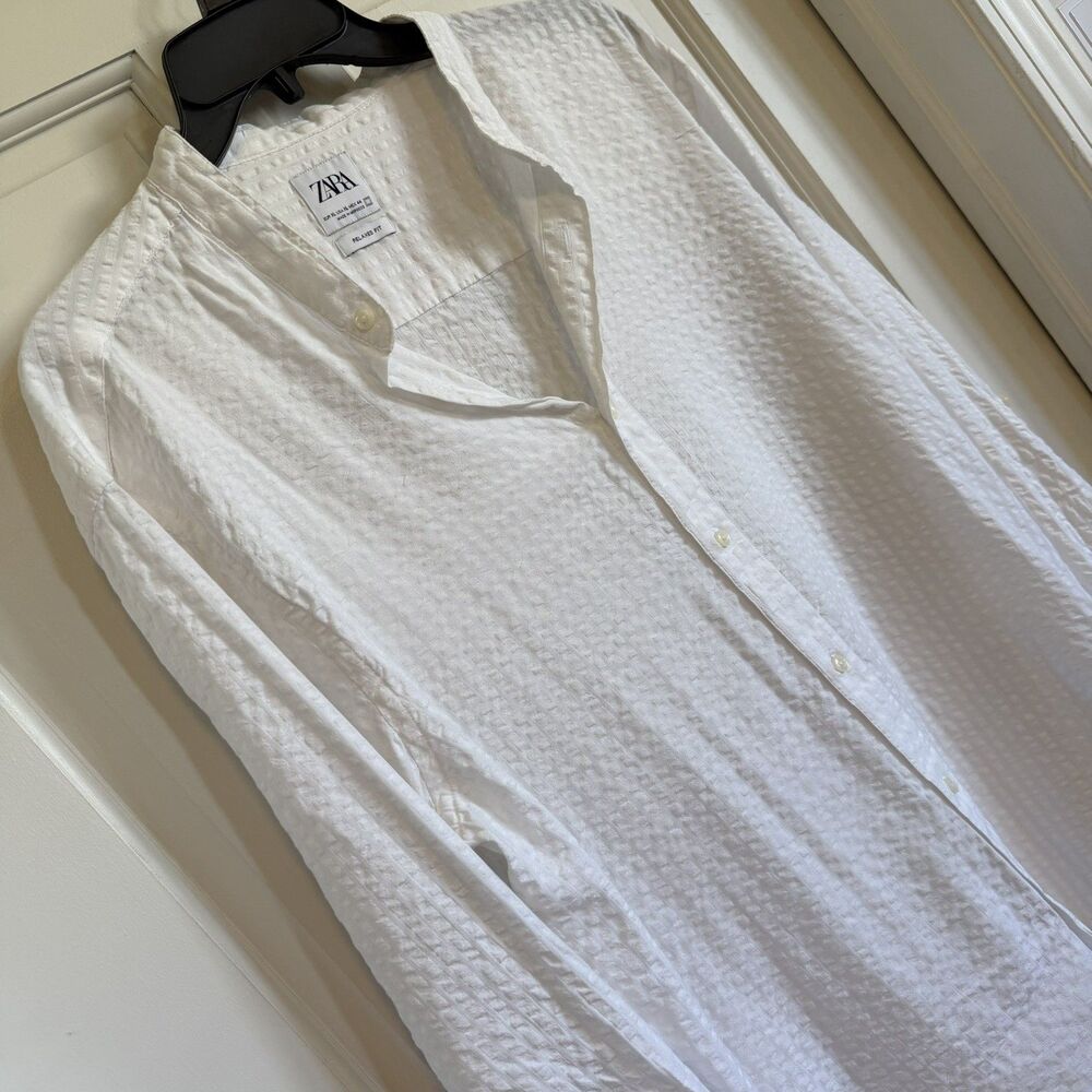 ZARA Men's White Woven Button-Up Long Sleeve Shirt size XL relaxed fit vacation